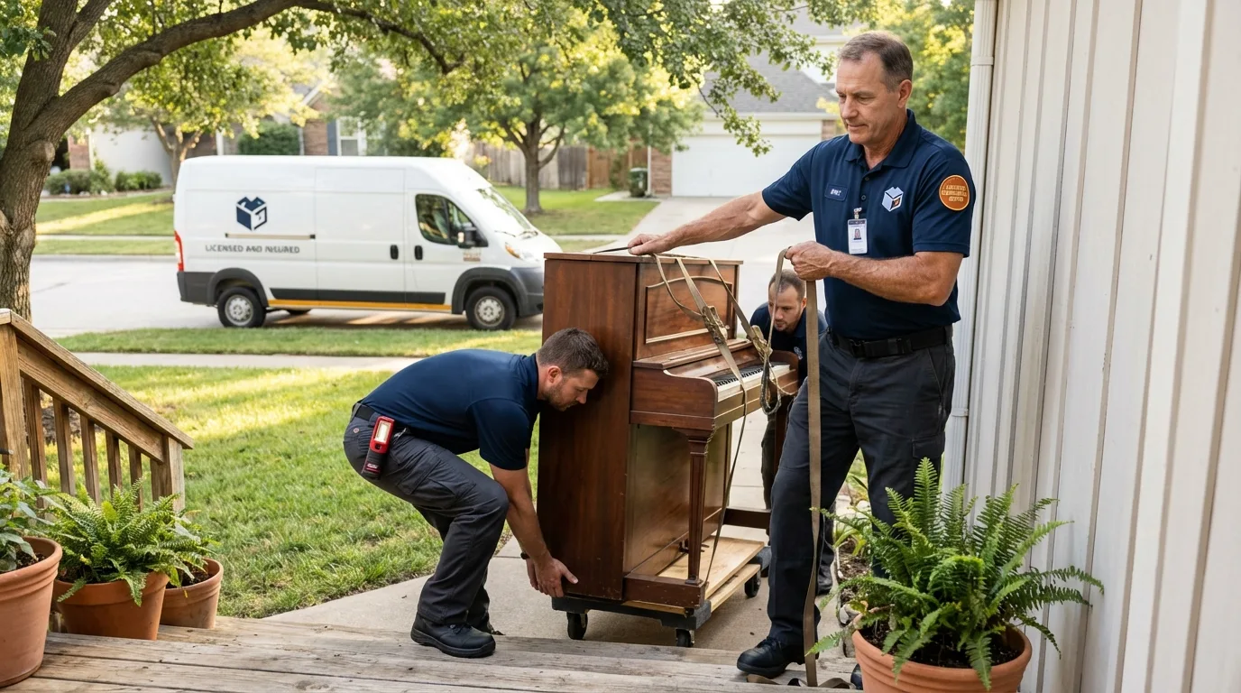 Licensed piano movers securing grand piano in North Conway, NH