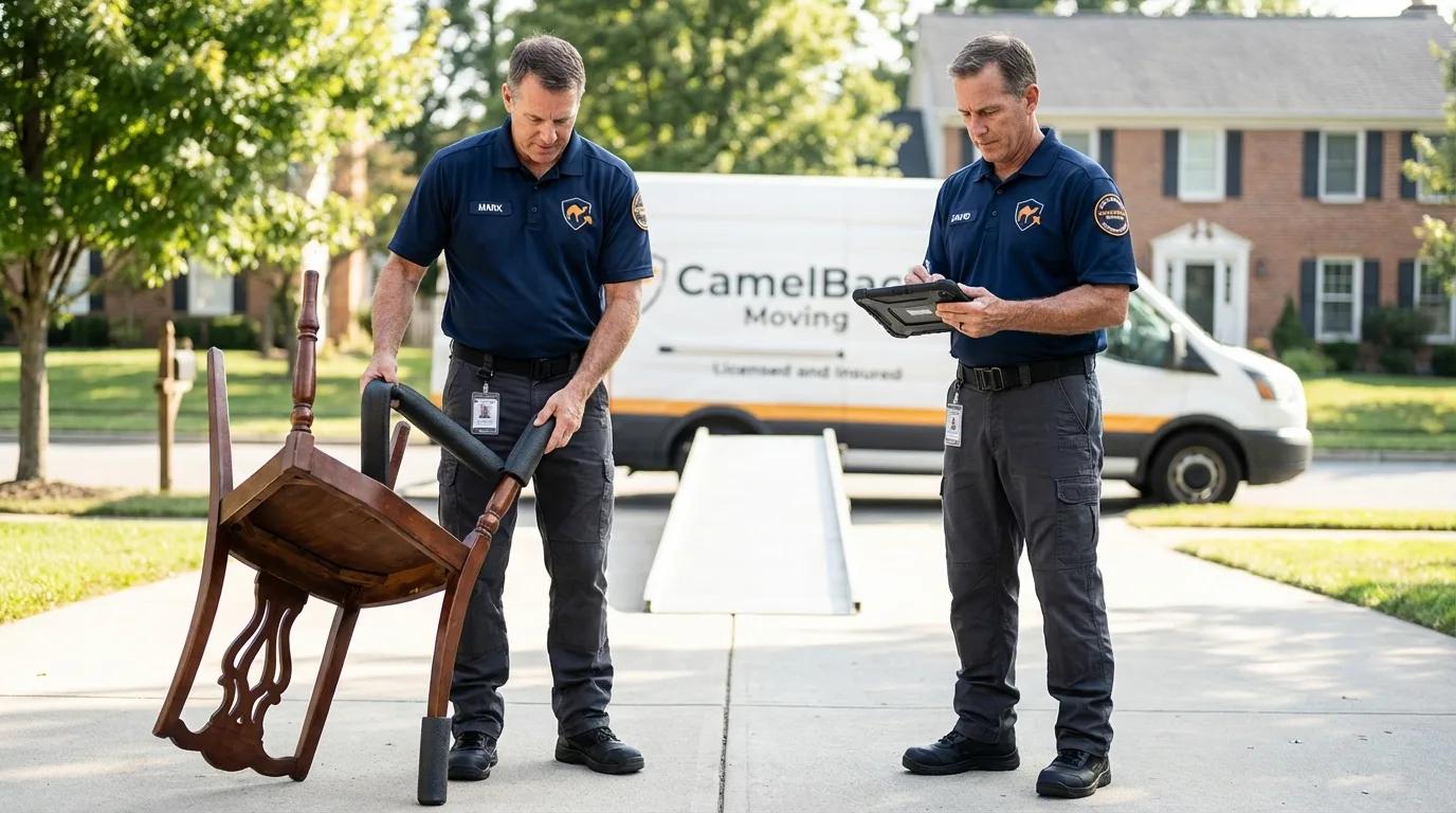 Movers inspecting furniture for damage prevention before loading in North Conway, NH