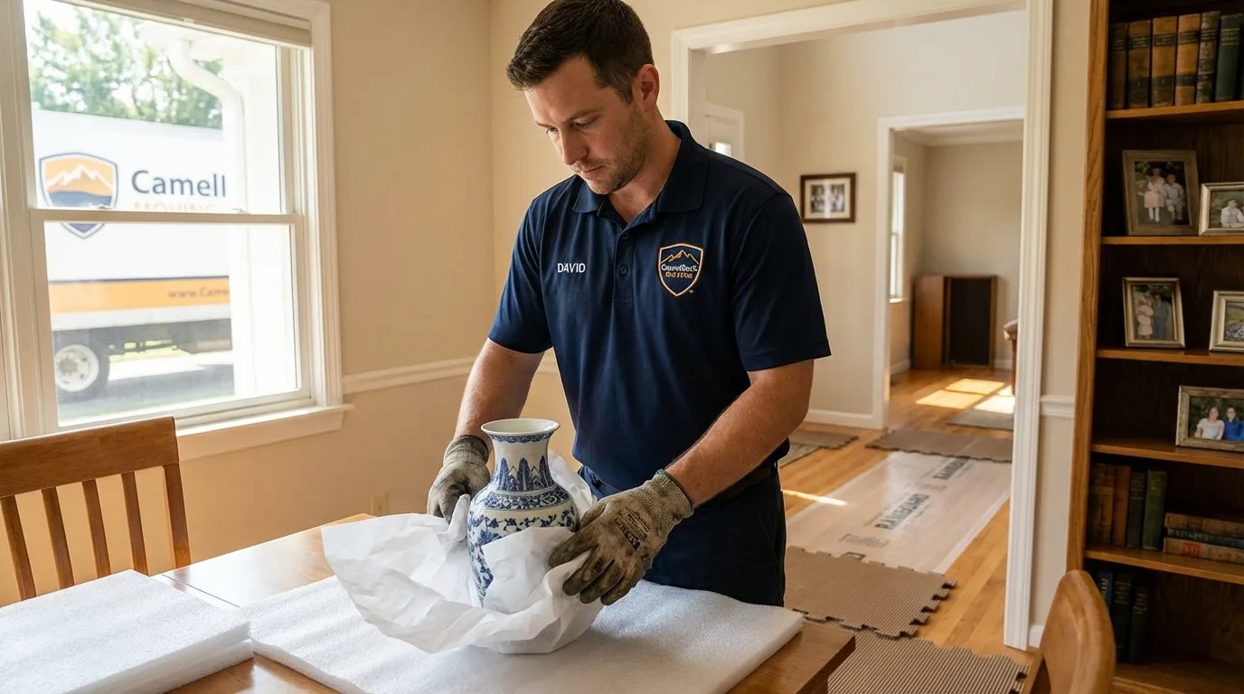 Professional crew carefully wrapping antique vase for senior downsizing move in North Conway, NH