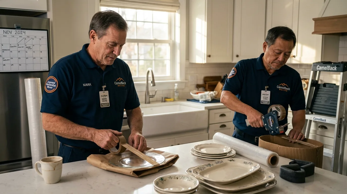 Professional crew packing kitchen dishware in North Conway, NH